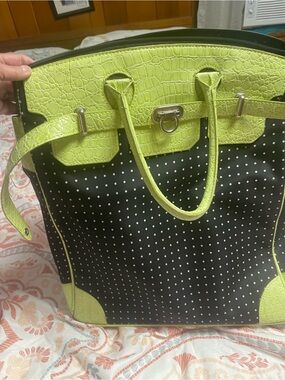 Lime Green Accent Black Polka Dot Tote Bag